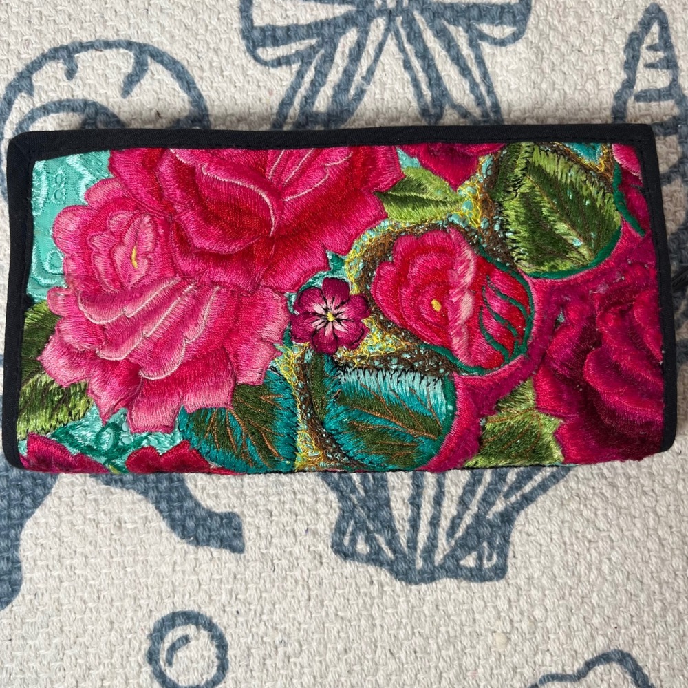 Eucalyptus Floral Embroidered Long Zip Around Wallet Pink Roses Handmade